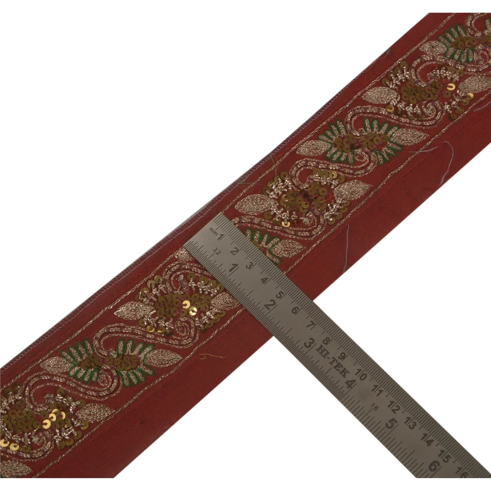 Sanskriti Vintage Sari Border 1 Yd Craft Dark Red Trim Hand Beaded Sewing Lace - Image 3 of 4
