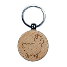 Llama Alpaca Chibi Engraved Wood Round Keychain Tag Charm
