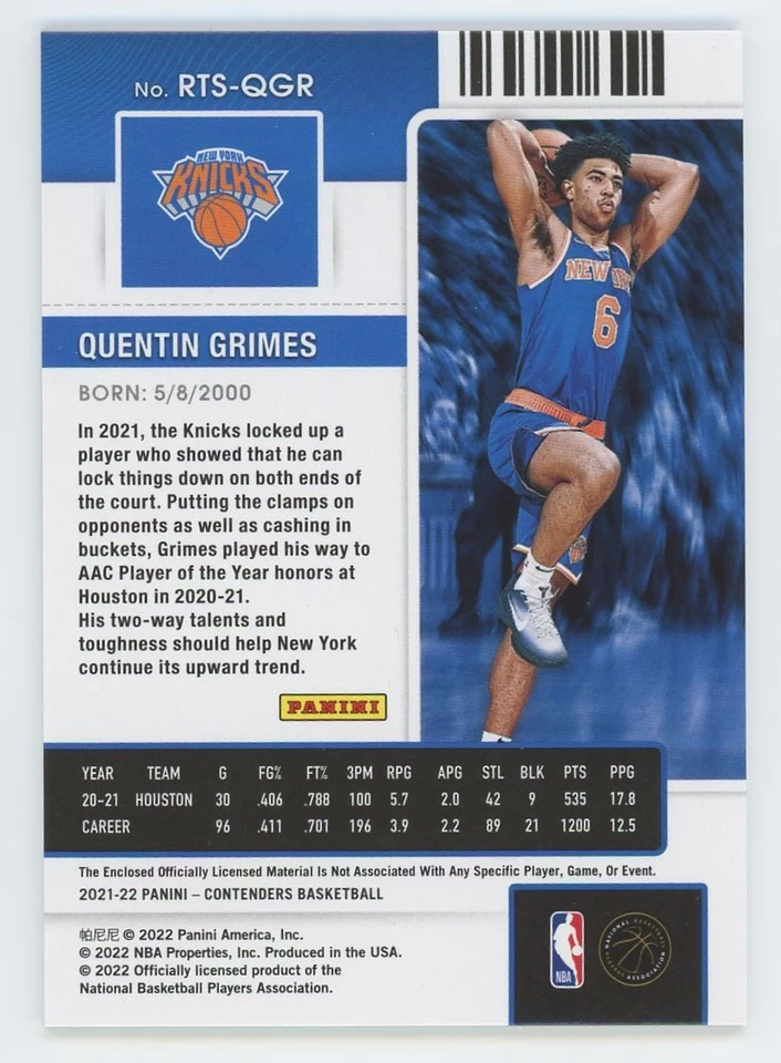 QUENTIN GRIMES RC JERSEY 2021-22 CONTENDERS ROOKIE TICKET SWATCHES #RTS-QGR NEW - Image 2 of 2