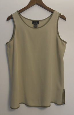 Moda Seta Sandra King 100% Silk Crepe Tunic Blouse Womens Sz M Cream Olive Trim