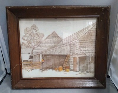 Vintage F. Massa Wood Framed Art Print Country Barn 8'' X 10'' Artwork 1.5'' Frame 