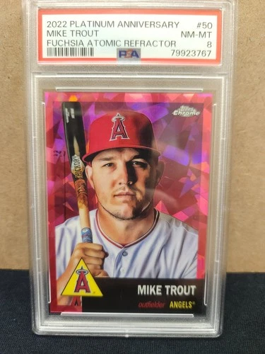 2022 Platinum Anniversary Mike Trout Fuschsia Atomic Refractor /100 PSA 8