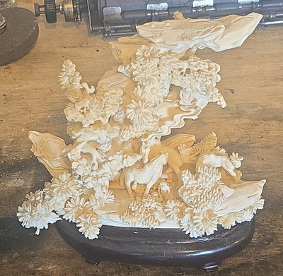Ivory & Brown Deer Forest Figurine Resin w/ Wood Base Matte 3D Effect