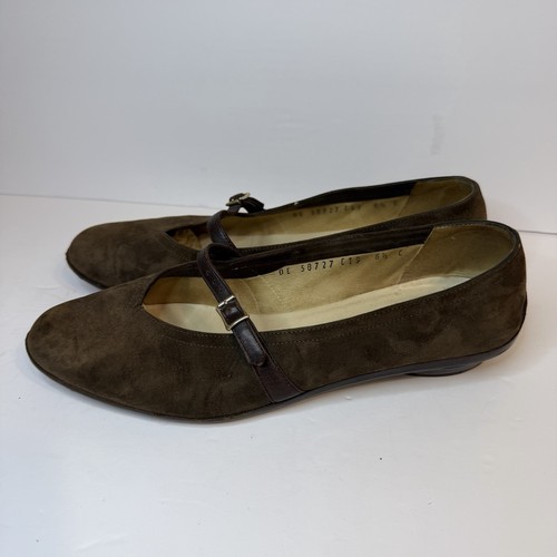 Salvatore Ferragamo Audrey Suede Ballet Flats Buckled Strap Size 6.5 C Brown