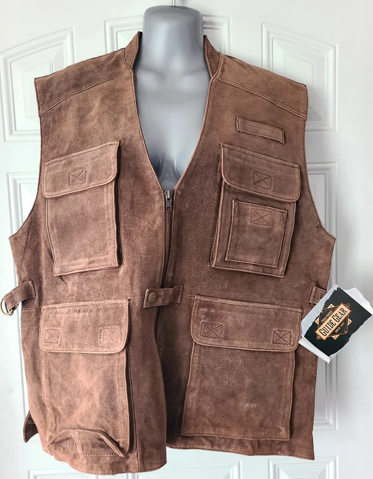 Vtg Guide Gear Brown Suede Leather Hunting Fishing Vest Utility Button Large EUC