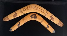 Pair: Vintage Australian Wooden Boomerangs Wooden Hand Burned-Carved Circa WWII