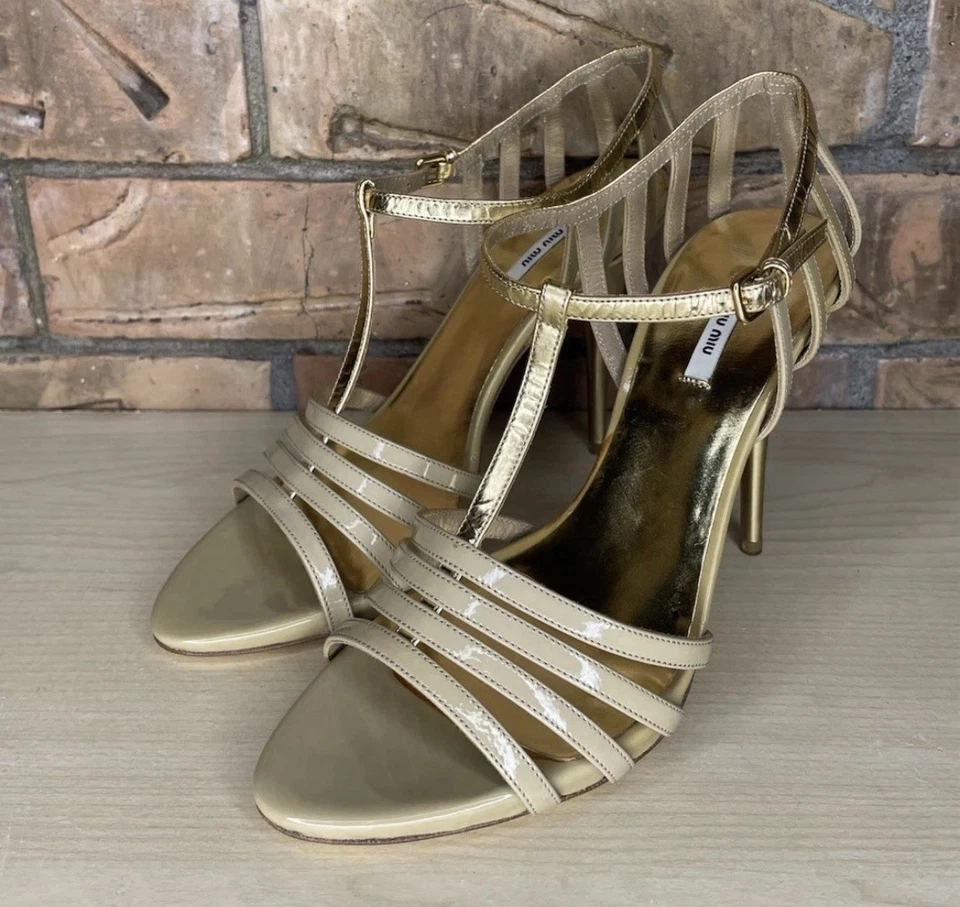 Miu Miu Womens Gold Glamour Cammello T Strap Cage Heel Sandals Size 35 - Image 2 of 4