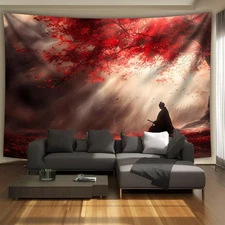 Red 1pc Extra Large Tranquil Samurai Maple Landscape Tapestry, Polyester High-De