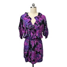 Rebecca Taylor Floral Silk Ruffle V Neck Dress Women Purple Black Womens Size 2