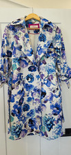 Eliza J Women's Floral Trench Coat White Blue Purple Belted Tie Lined M