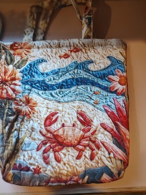Flat Printed  Women's Tote Bag with Hawaiian Style Crab, Ocean Flower/Handles