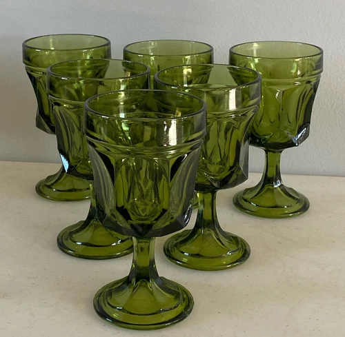 Vintage set of 6 Anchor Hocking Fairfield Avocado Green Goblets. Retro  6” Tall