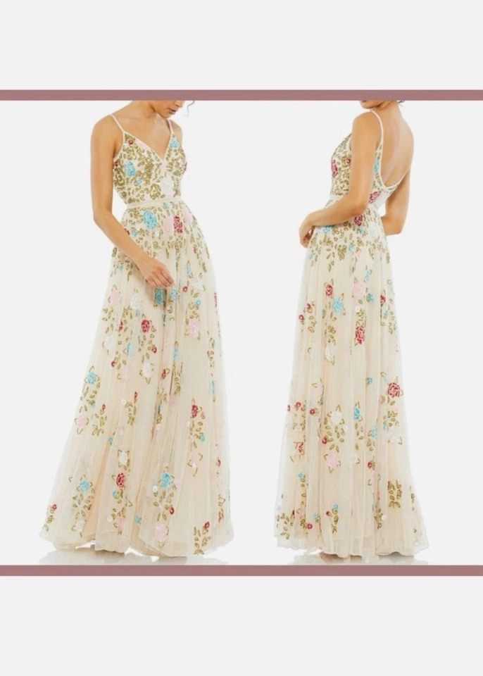 NWT Mac Duggal Embellished Floral Sequined Gown in Nude. Size 2: MSRP $698! - Image 3 of 4