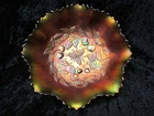 Northwood Carnival Glass Three Fruits Medallion Spatula Footed Meander Back Bowl