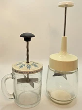 Gemco Anchor Hocking Vintage Nut Choppers Glass Jars Stainless Steel Blade BOTH
