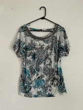 AB Studio Top Paisley Abstract Dolman Sleeve Scoop Neck Cut-Out Stretch Size XL