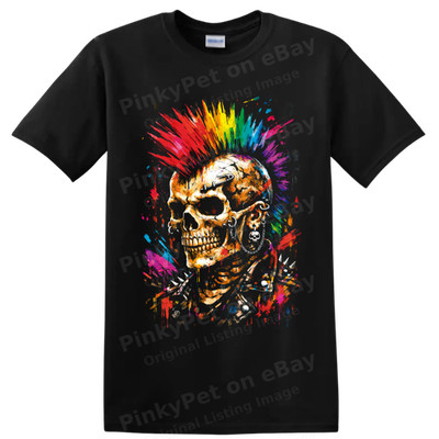 Punk Rock Skull T Shirt Colorful Graffiti Art Mohawk Biker Gothic Graphic Tee