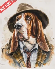 Basset Hound in a Detective Outfit Watercolor Painting Print 8x10