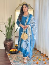 Women' s Roman Silk Embroidery Kurta with Pant  Dupatta