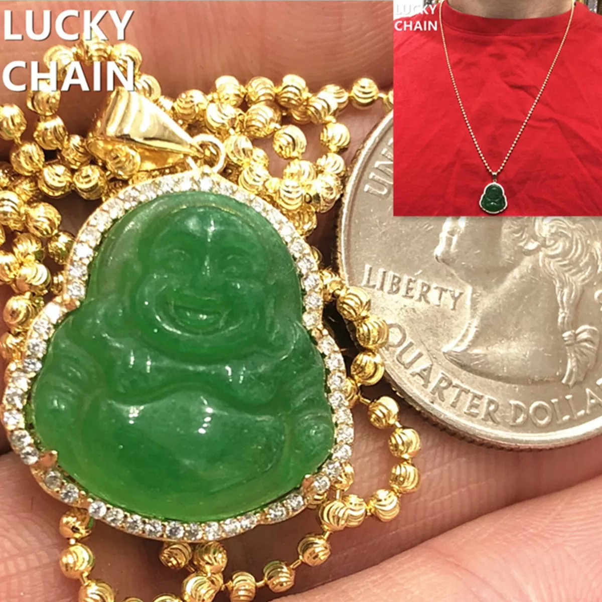 14KT Gold Jade Stone Buddha Pendant - Ruby Lane