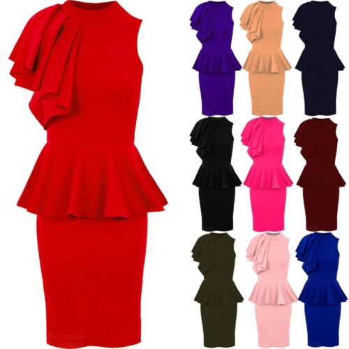 Ladies Sleeveless Ruffle Frill Shoulder Women's Peplum Bodycon Party Dress - Picture 1 of 25