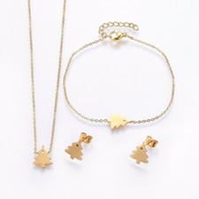 Cute Gold 304 Stainless Steel Christmas Tree Necklace, Earring,  Bracelet Set