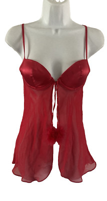 Red Sheer Babydoll Lingerie Sz M PomPom Satin Underwire Sexy Fairy Coquette Y2K