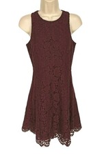 ANN TAYLOR Burgundy Floral Lace Sheath Mini Dress Crew Neck Women Size 0