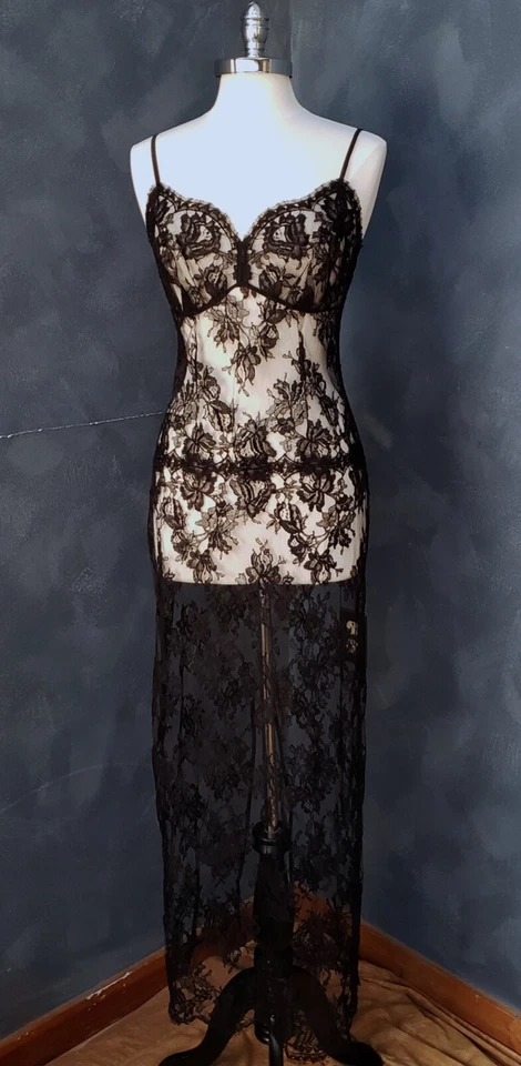 Vestido de Noche Rosamosario Negro Chantilly Encaje Mezcla de Algodón Largo Sin Mangas L Nuevo con Etiquetas Foto 2 de 4