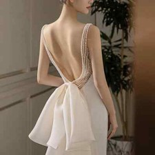Elegant Strapless Pearl Laced Wedding Dresses Backless Big Bow Bridal Gowns