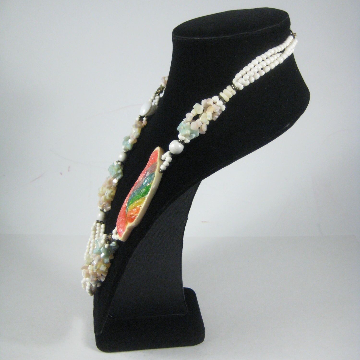 Rainbow Plastic Beaded Necklace Statement 28 inch… - image 7