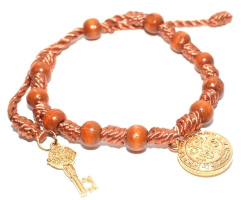 Brown Beads Bracelet Religious Catholic Saint St Benedict Medal Key Gold color - Picture 1 of 6