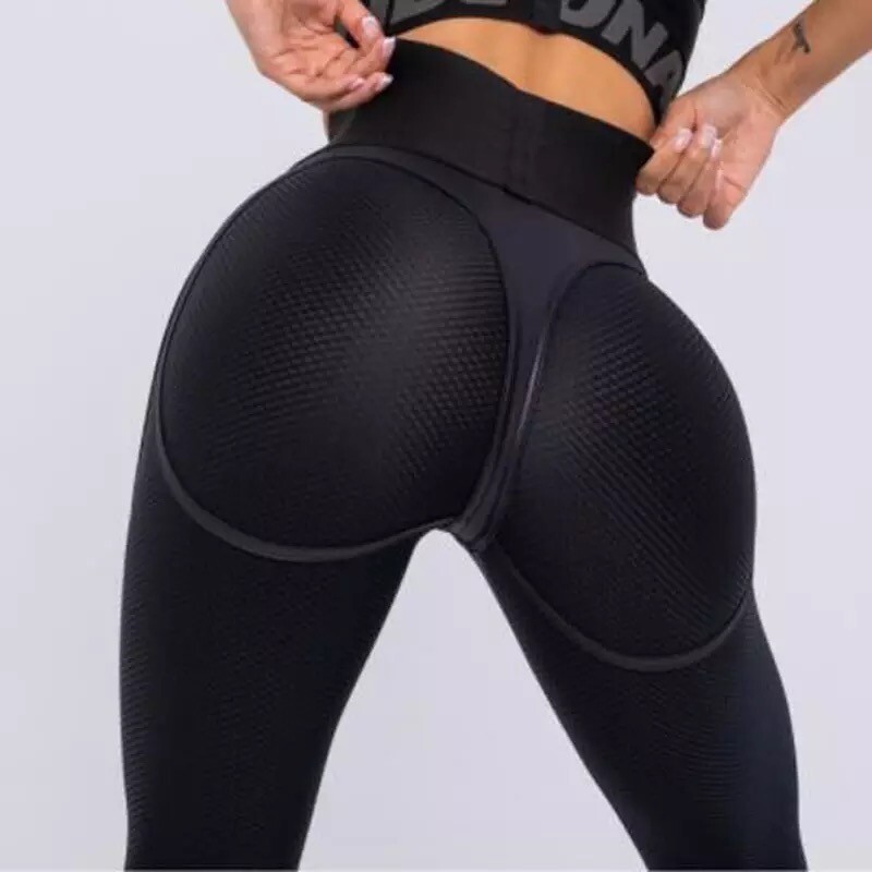 Mujeres Pantalones de Yoga de Malla de Cintura Alta Anticelulítica Leggings Levantamiento de Botones Deporte Gimnasio