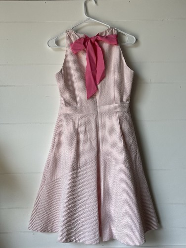 J. Crew Preppy Dress NWT Striped Pink Seersucker Ribbon Bow Fit Flare Sz 2 - Picture 7 of 12