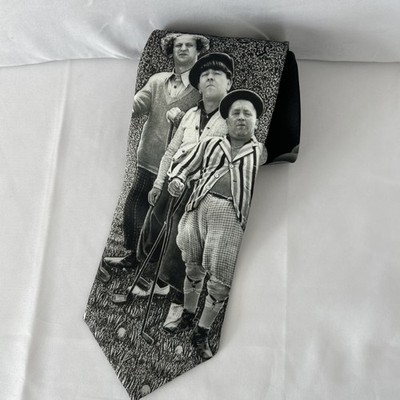 VTG The Three Stooges Golfing Larry Moe Curly NeckTie Black /White Novelty U.S.A