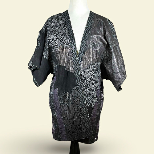 Vintage Roberto Cavalli 90s Patchwork Leather Kimono Jacket S Black Silver Suede
