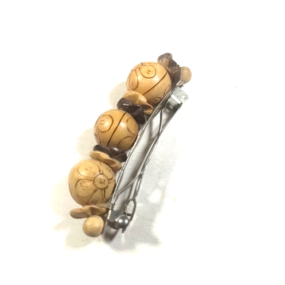 Tension Clip Hair Barrette Wooden Beaded Homemade Floral Etched - Image 4 of 4
