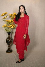 Indian Pakistani Georgette Red Top Pant Dupatta Set Women Wedding Party Wear