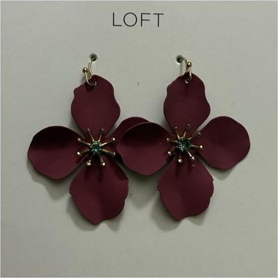LOFT Flower Dangle Earrings Purple Gold Green Metal Hook Drop Fashion