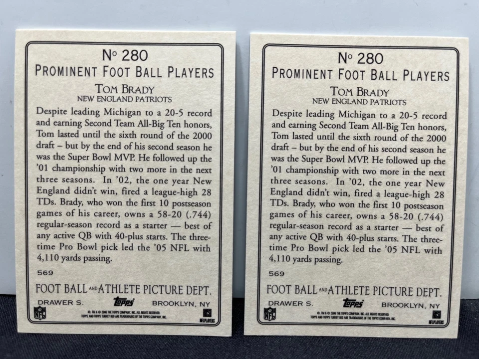 2 Tom Brady 2006 Topps Turkey Red #280 with Variant NEW ENGLAND PATRIOTS - Image 2 of 2