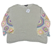 Davi & Dani Sweater Womens 3X Ivory Open Knit Granny Square Sleeve Boho Hippie