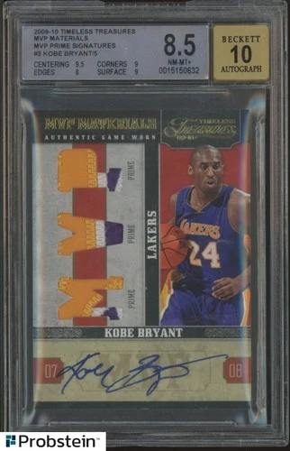2009-10 Timeless Treasures MVP Kobe Bryant HOF Triple GU Patch AUTO 3/5 BGS 8.5