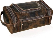 Retro Genuine Buffalo Leather Toiletry Bag Dopp Kit Shaving Travel Case For Men