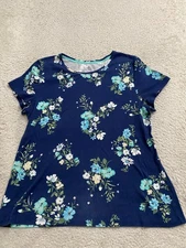Croft & Barrow Women Floral Short Sleeve Crew Neck T-Shirt Navy Size M