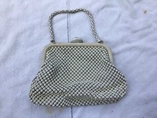 Vintage Whiting Davis Alumesh White Handbag, Black Lining With A Mesh Handle.