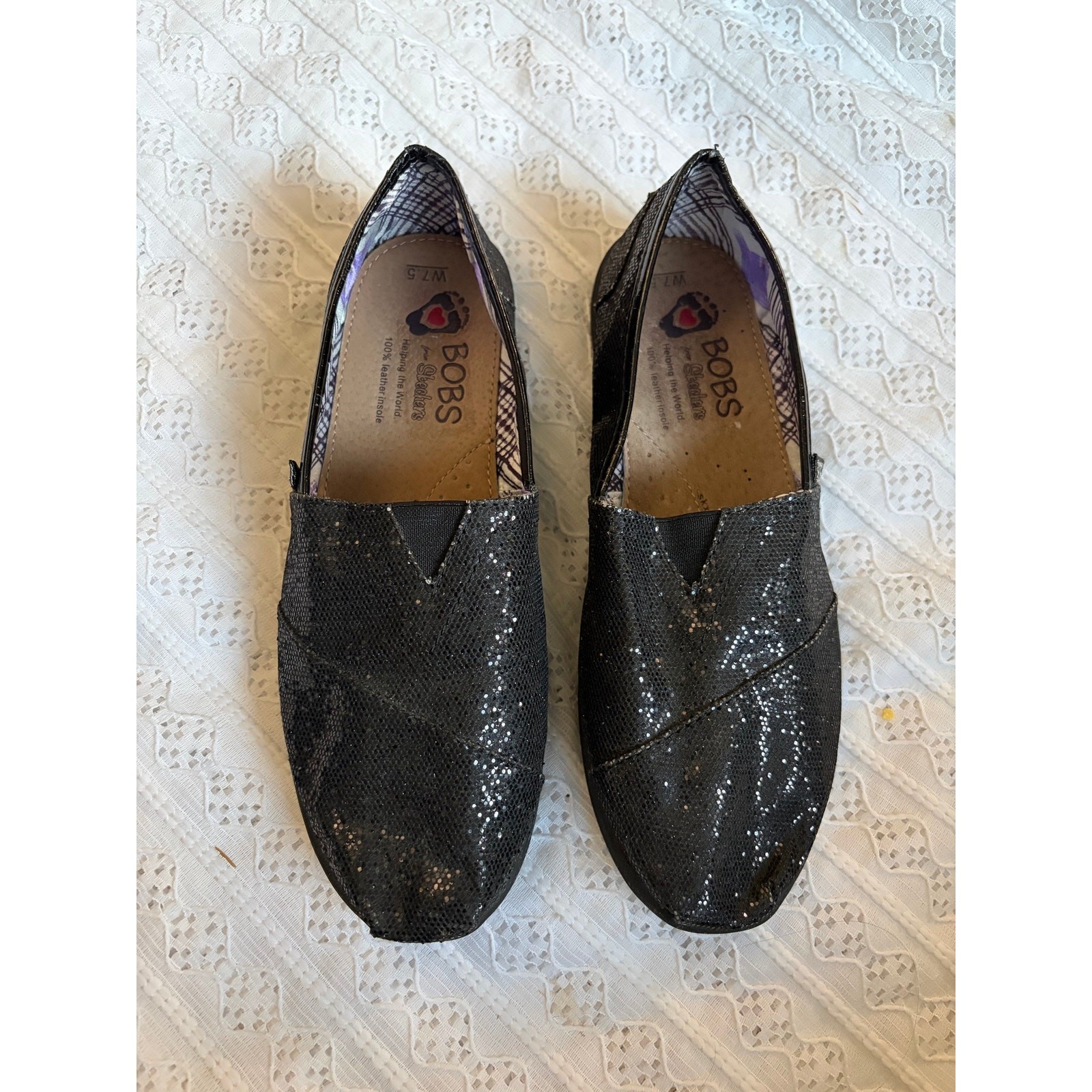 Skechers BOBS Black Shimmer Slip On Loafers Casual Shoes Women's Size 7.5