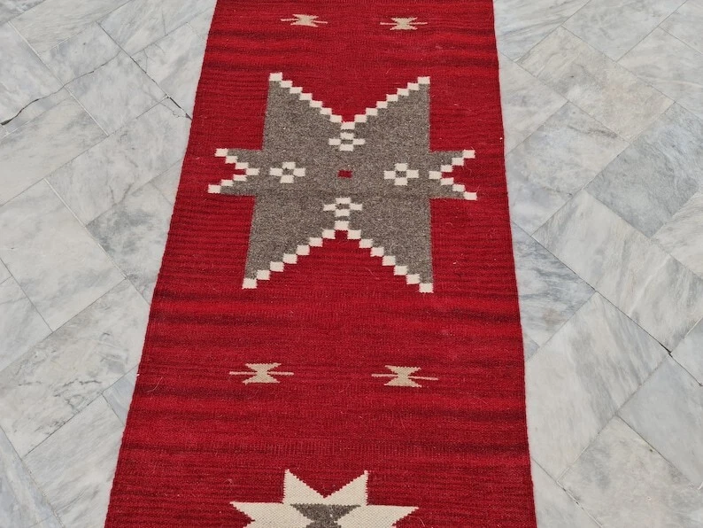 Rojo Suroeste Navajo Kilim Boho Corredor Nativo Americano Tribal Lana 2.6x8 Pies Foto 4 de 4