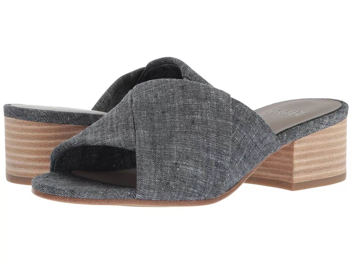 Eileen Fisher Ruche Slide Mule Blue Denim Chambray Block Heel