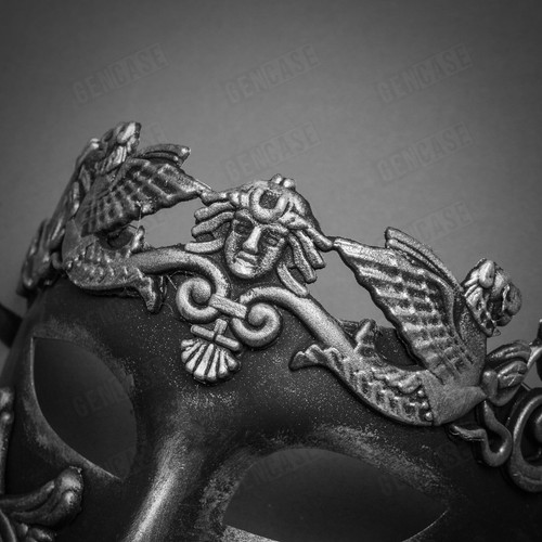Maschera Uomo Masquerade Maschera Romano Guerriero Greco Imperatore Veneziano Nero Argento - Foto 2 di 4