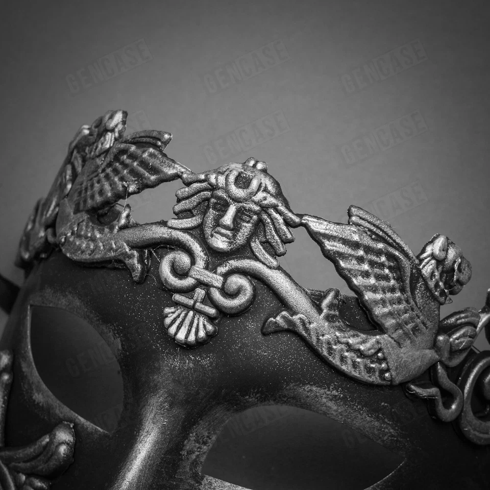 Hombres Máscara de Mascarada Guerrero Griego Romano Emperador Veneciano Disfraz Negro Plata Foto 2 de 4